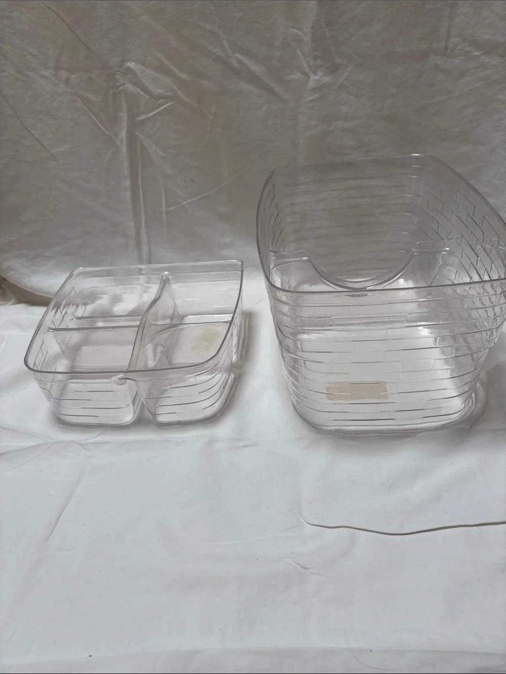 Longaberger wood market basket with hinged handles and plastic inserts